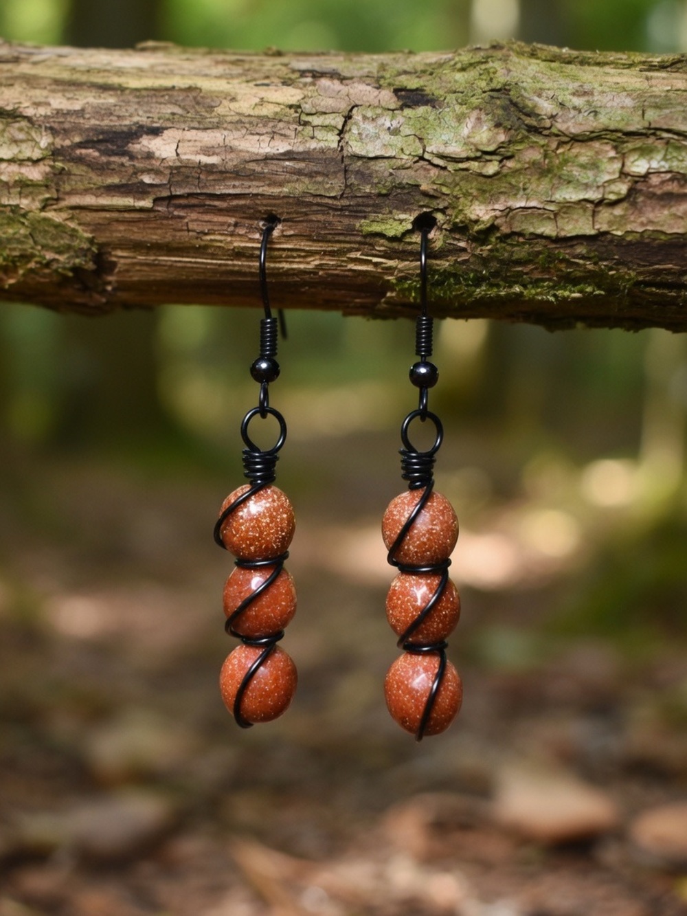 Orange Sandstone Wire Wrapped Dangle Earrings Black Wire